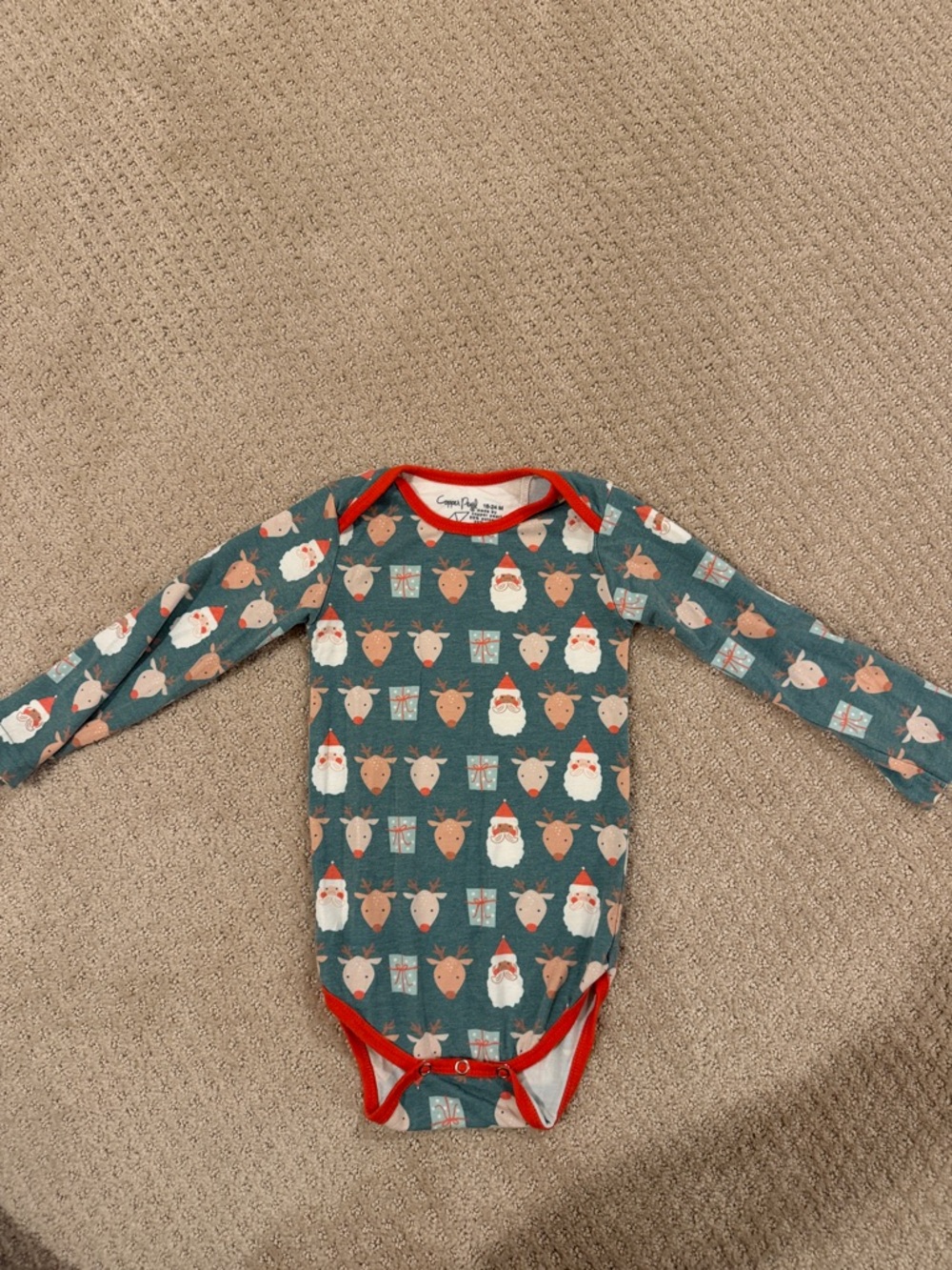 Christmas Santa & Reindeer Long-Sleeve Baby One-Piece - green with Red Trim
